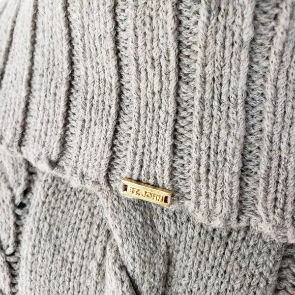 ST. JOHN Wool Blend Sweater Cardigan Fringe Soft Cable Knit Taupe Gray size M - Picture 12 of 15